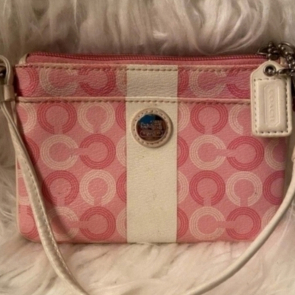 Coach Pink and Cream Circle 'C' Pattern Mini Handbag Wristlet With Hangtag